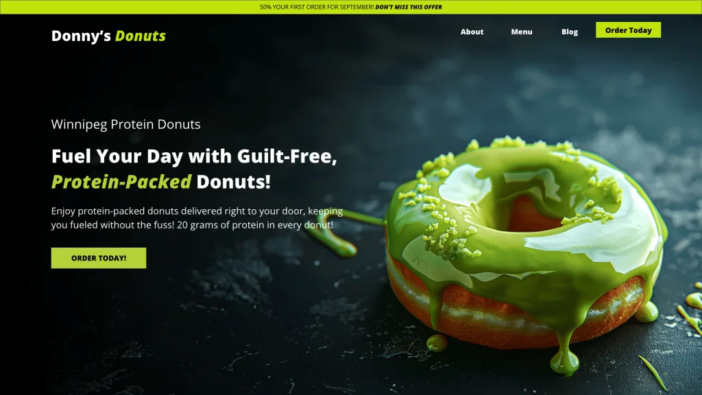 A sporty website example of donuts and how using different fonts can completely change the vibe on the design.